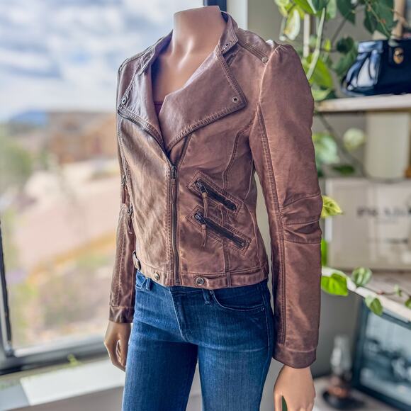 NWT- Blu Pepper, Carmel Brown Vegan Leather Moto Jacket, Women's Size Small - Picture 4 of 10